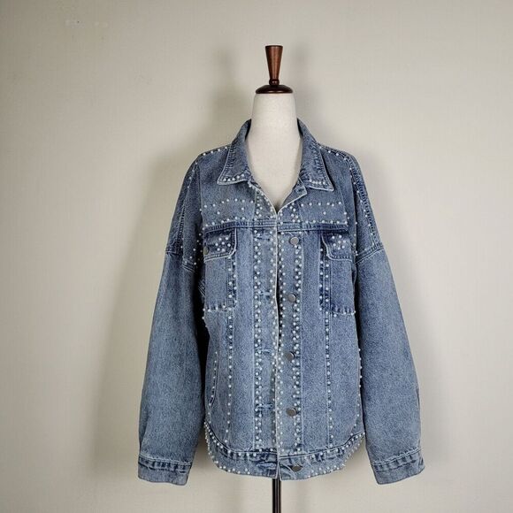 BiBi Jacket Womens Large Blue Denim Trucker Pearls Distressed Button Down NEW - Picture 1 of 7